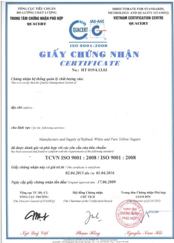 Certificate of Quality